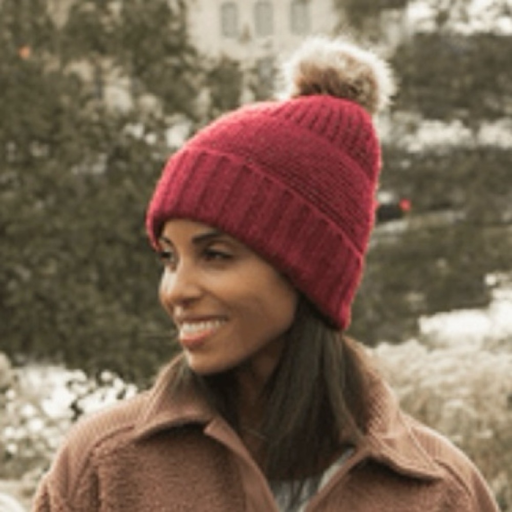 MUK LUKS Cuffed Beanie with Natural Faux Fur Pom Pom